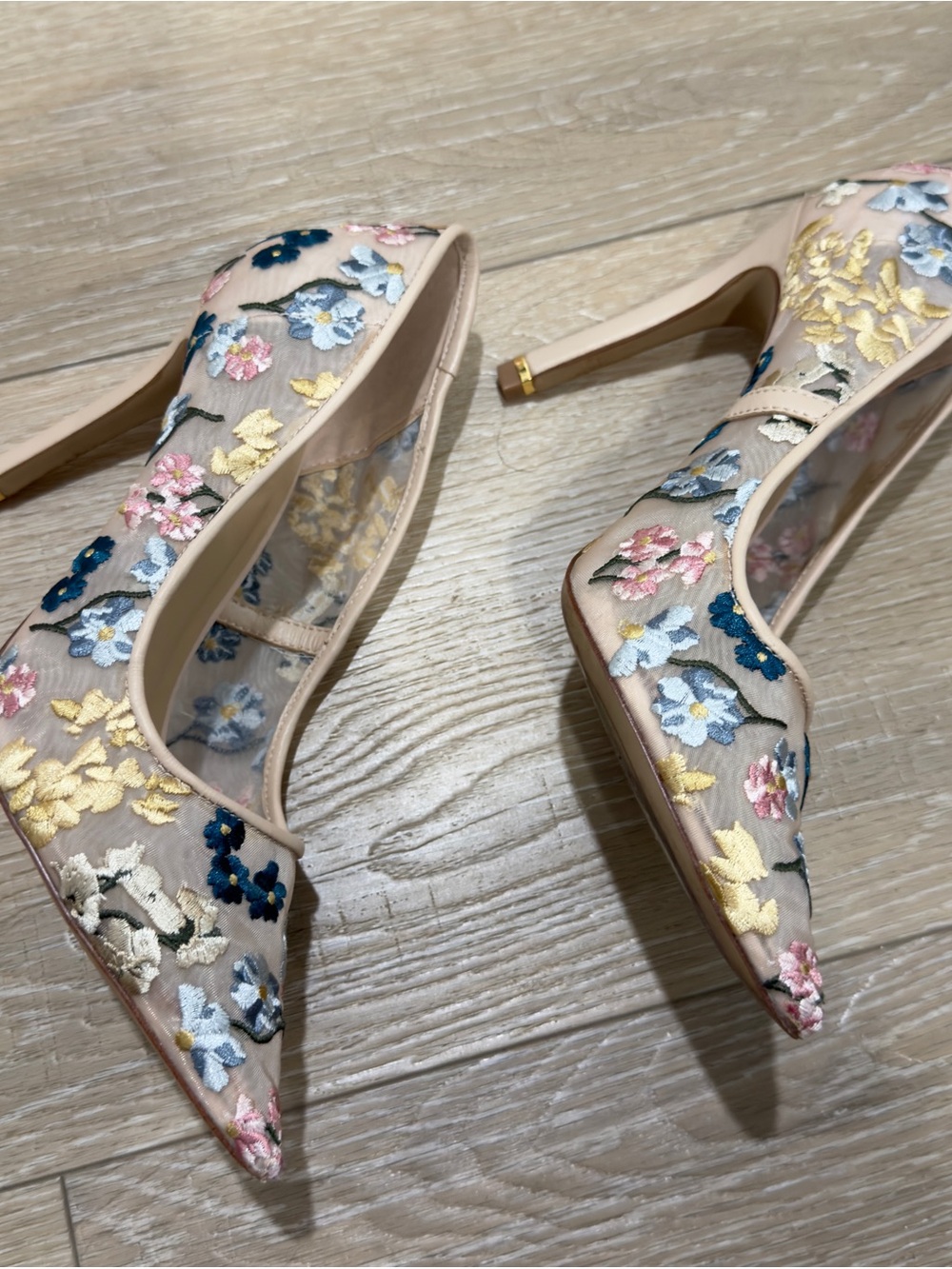 Ted Baker Nude Mesh Pointed Toe Heels with Multicolor Floral Embroidery